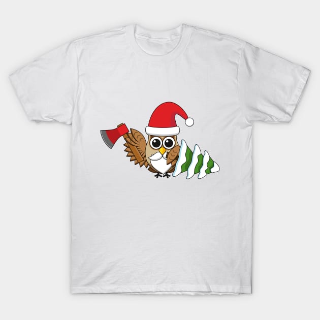 Christmas Owl with Axe and Snowy Pine Tree T-Shirt by BirdAtWork